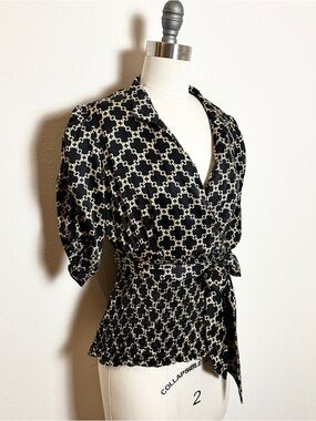 Vintage Y2K 100% Silk Black & Cream Patterned Smocked Wrap Blouse with Tie Waist